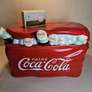 2002 Coca-Cola Sakura Earthenware Cookie Jar - Red Cooler w/ Radio Vintage
